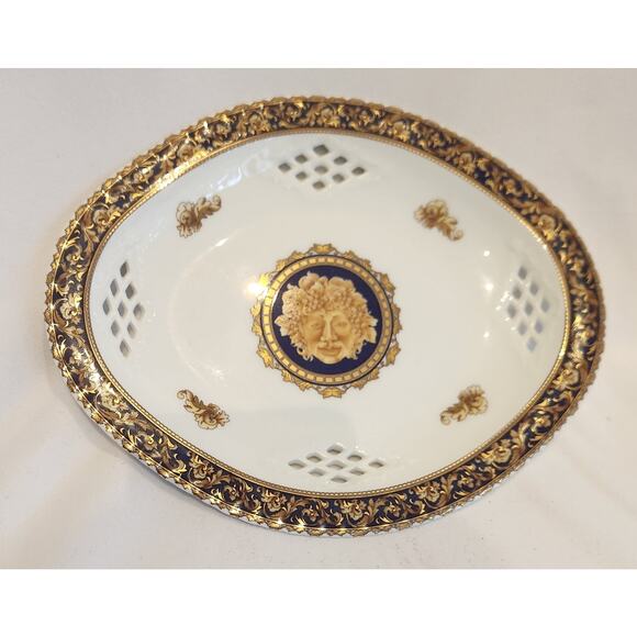 T. Limoges Bacchus Reticulated Porcelain Bowl Cobalt Blue 24K Gold French Design - Picture 1 of 5